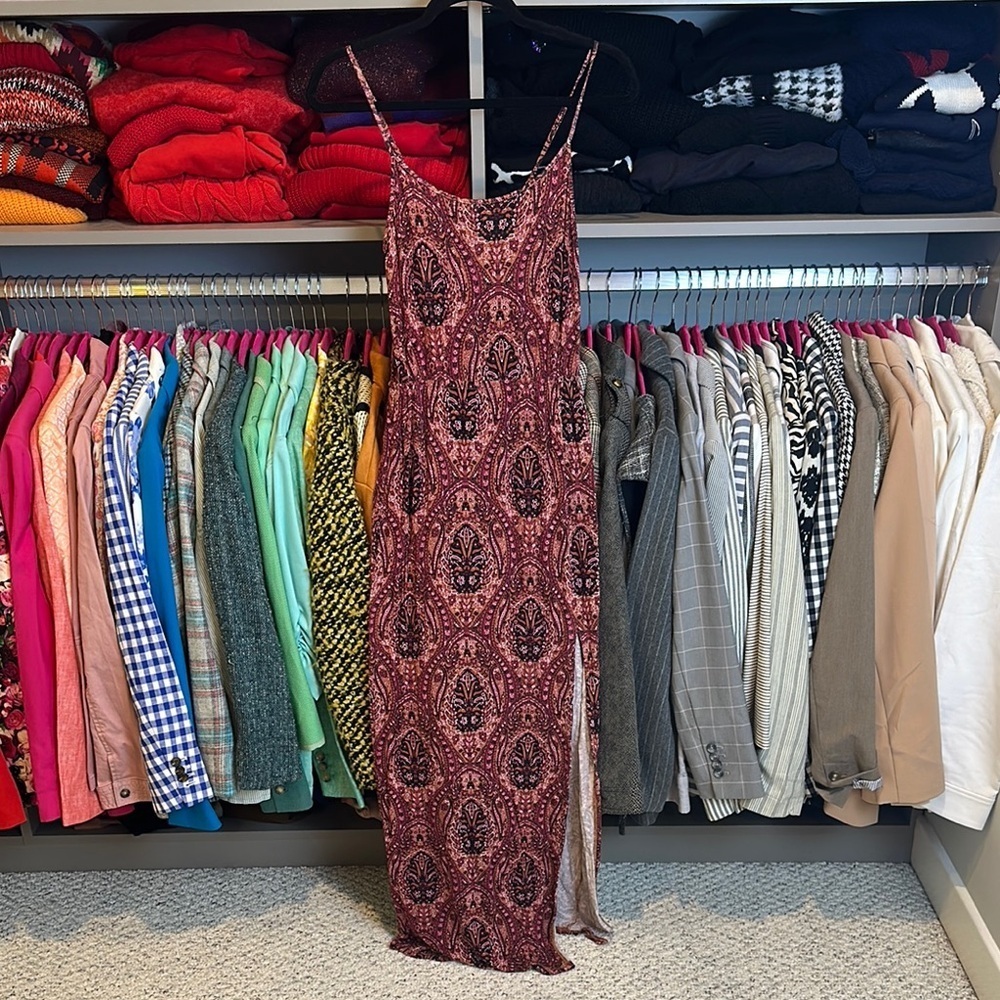 American Eagle Outfitters pink/orange/black print adjustable strap maxi dress XS